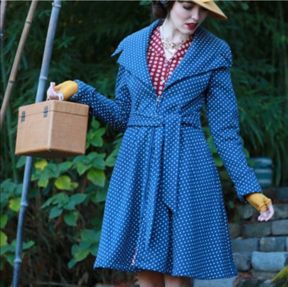 Effie's Heart Navy Polka Dot Trench with Red Lining